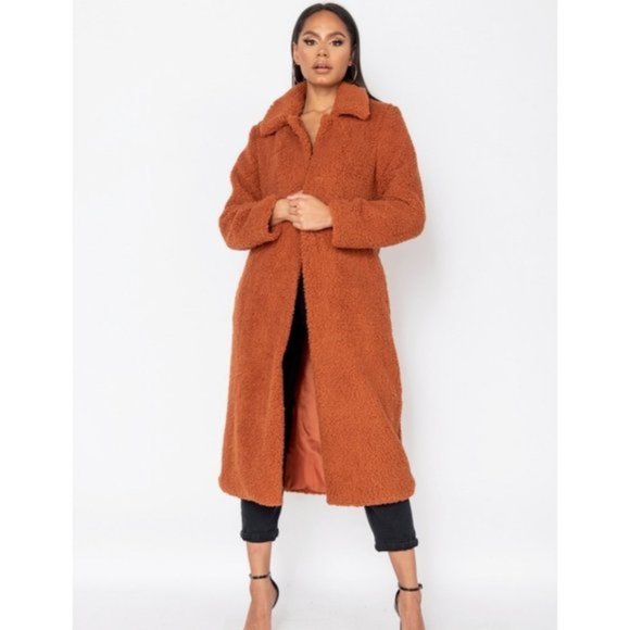 Jackets & Blazers - Rust Long Sleeve Oversized Long Maxi Teddy Bear Fur Coat